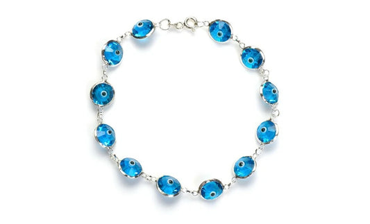 Solid 925 Sterling Silver 10MM Light Blue Crystal Evil Eye Bracelet